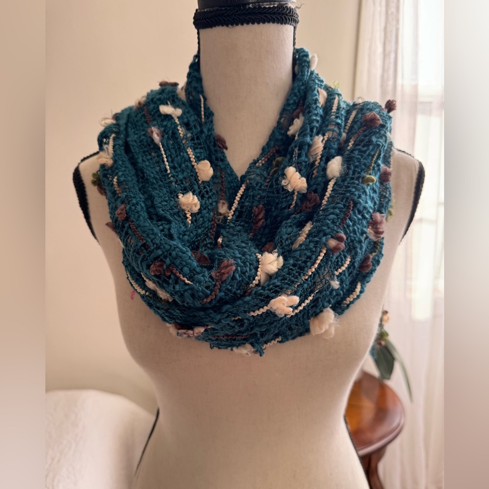 Women’s scarf. Teal, brown, white and green color.